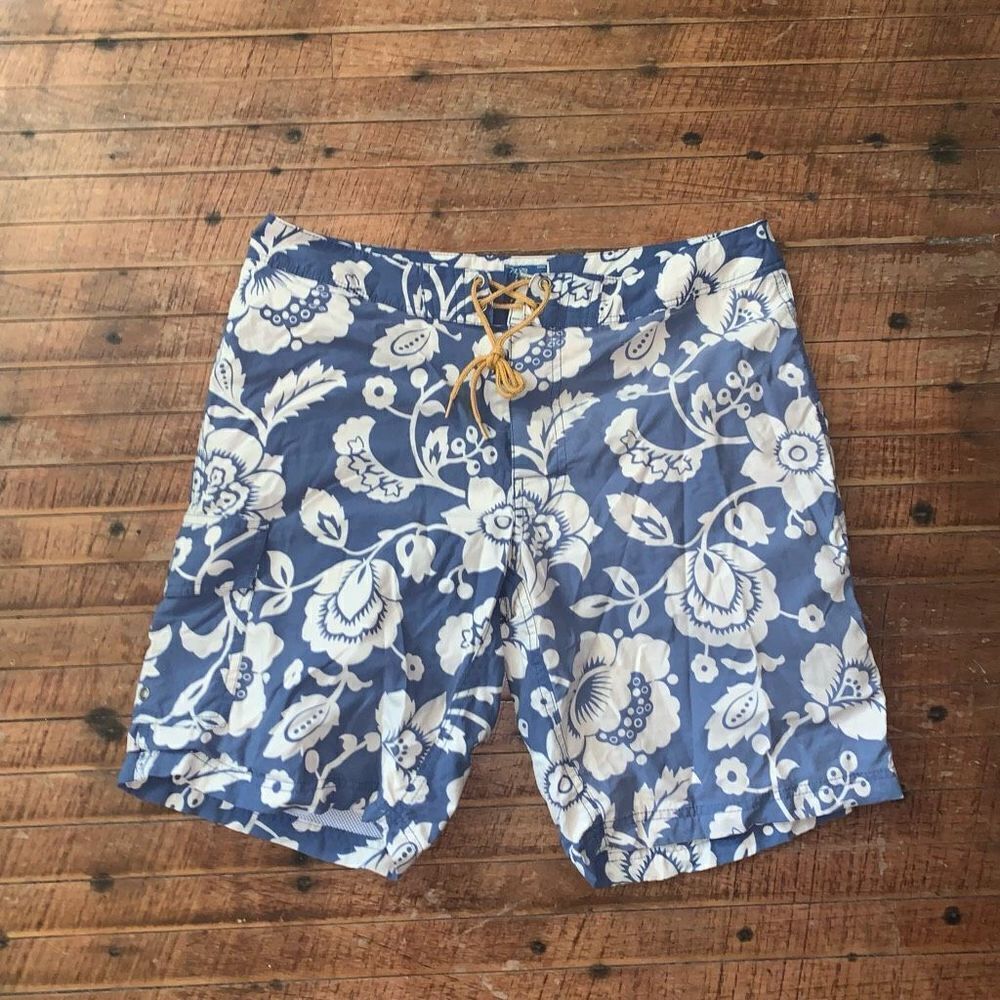 J Crew blue & cream tropical resort wear long board 31 swim trunks